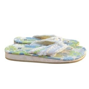Gotcha Flip Flops, white/green/blue floral print, womens size 7